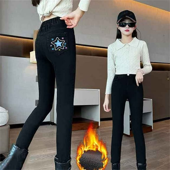 SGFCWSX Girls Super Skinny Jeans Stretch Denim Pants Warm with Pockets Casual Pant Black Size 8 Years