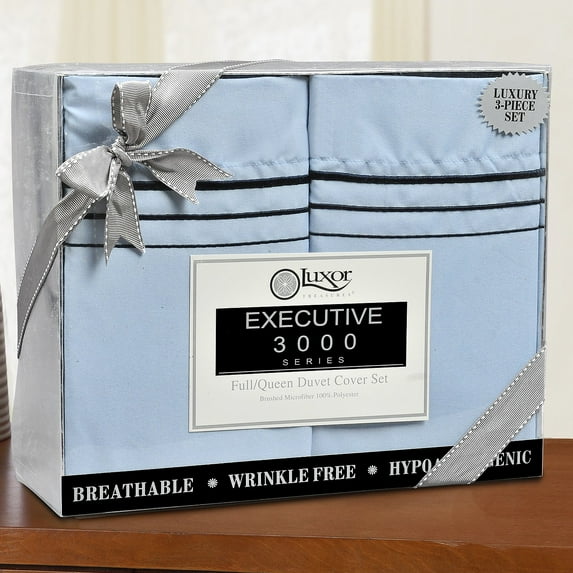 Wrinkle-Resistant Embroidered 3-Line Trim Microfiber Duvet Set White/Black / Full/Queen