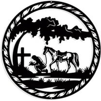 Praying Cowboy Metal Wall Art Decor Round Matte Black Wall Hanging Decor Silhouette Wall Art for Home Bedroom Living Room Bathroom Kitchen Office Hotel Wall Decoration 11.5"(29.2cm)