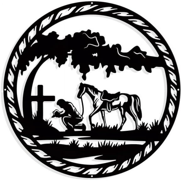 Praying Cowboy Metal Wall Art Decor Round Matte Black Wall Hanging Decor Silhouette Wall Art for Home Bedroom Living Room Bathroom Kitchen Office Hotel Wall Decoration 11.5"(29.2cm)