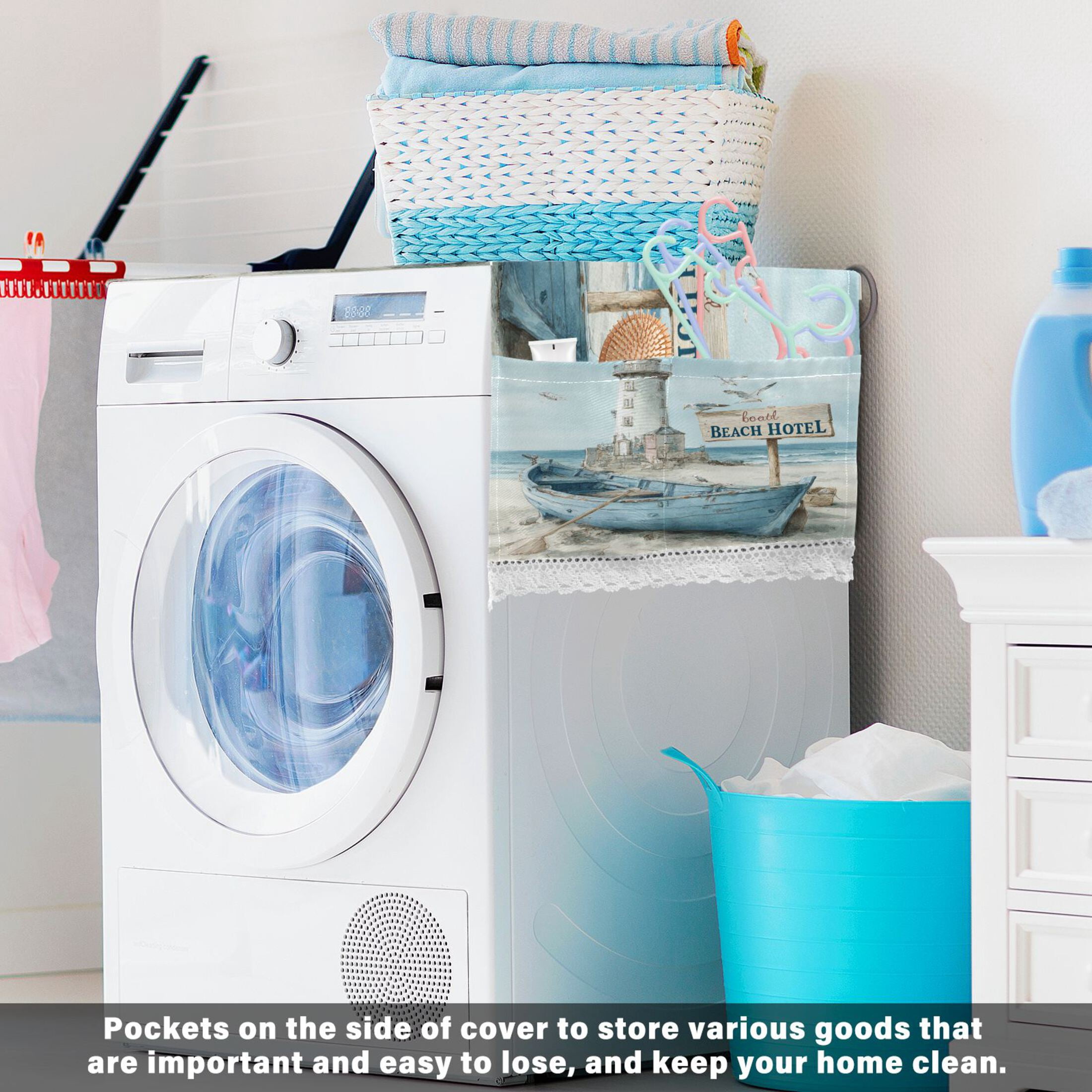 Wobogo Coastal Theme Washing Machine Cover Dustproof Washer Dryer Cover Waterproof Laundry Room Decorative Protector