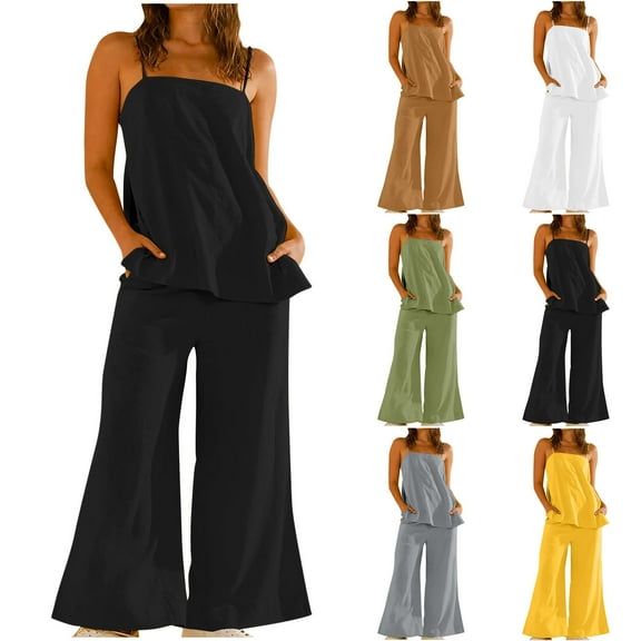 Lovskoo Women's Summer Cotton Linen Outfit Sets Cami Tops Palazzo Pants Flowy Wide Leg Beach Trousers with Pockets Green
