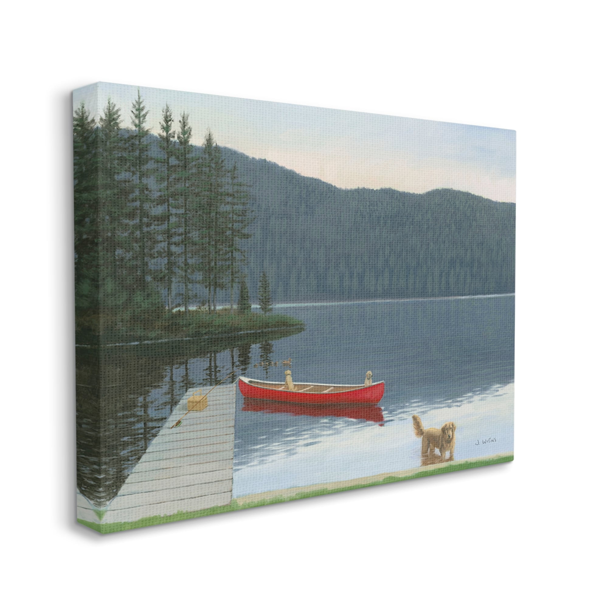 Stupell Industries Docked Row Boat Lake Forest Landscape Pet Dogs, 30 x 24, Design by James Wiens