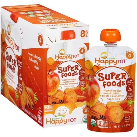 (8 Pack) Happy Tot Organics Super Foods Apples, Sweet Potato, Carrots & Cinnamon + Super Chia Stage 2 Baby Food, 4.22 oz