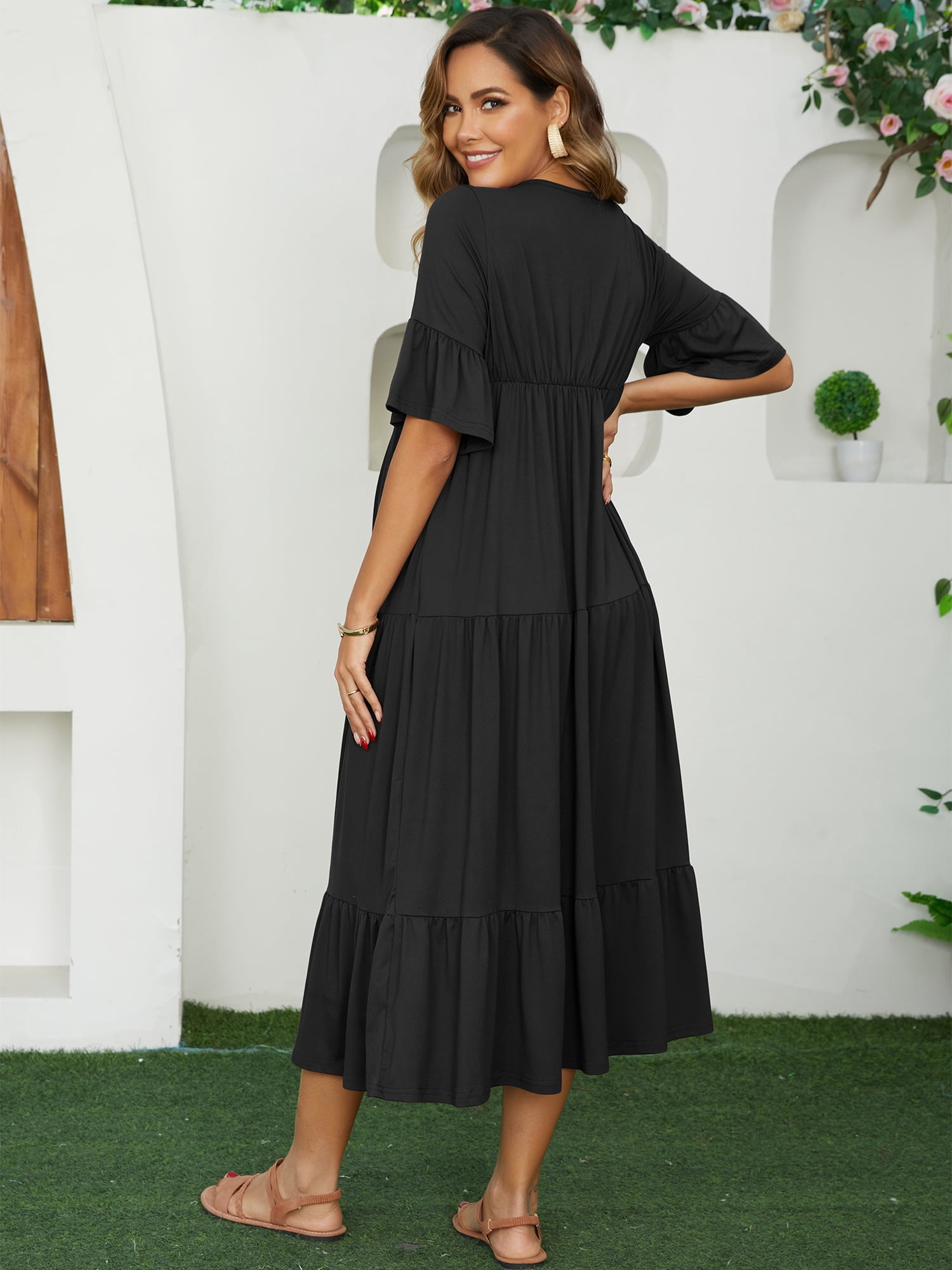 DARING DIVA Women's Maternity Short Sleeves Ruffled Sleeve Maxi Dress S Black