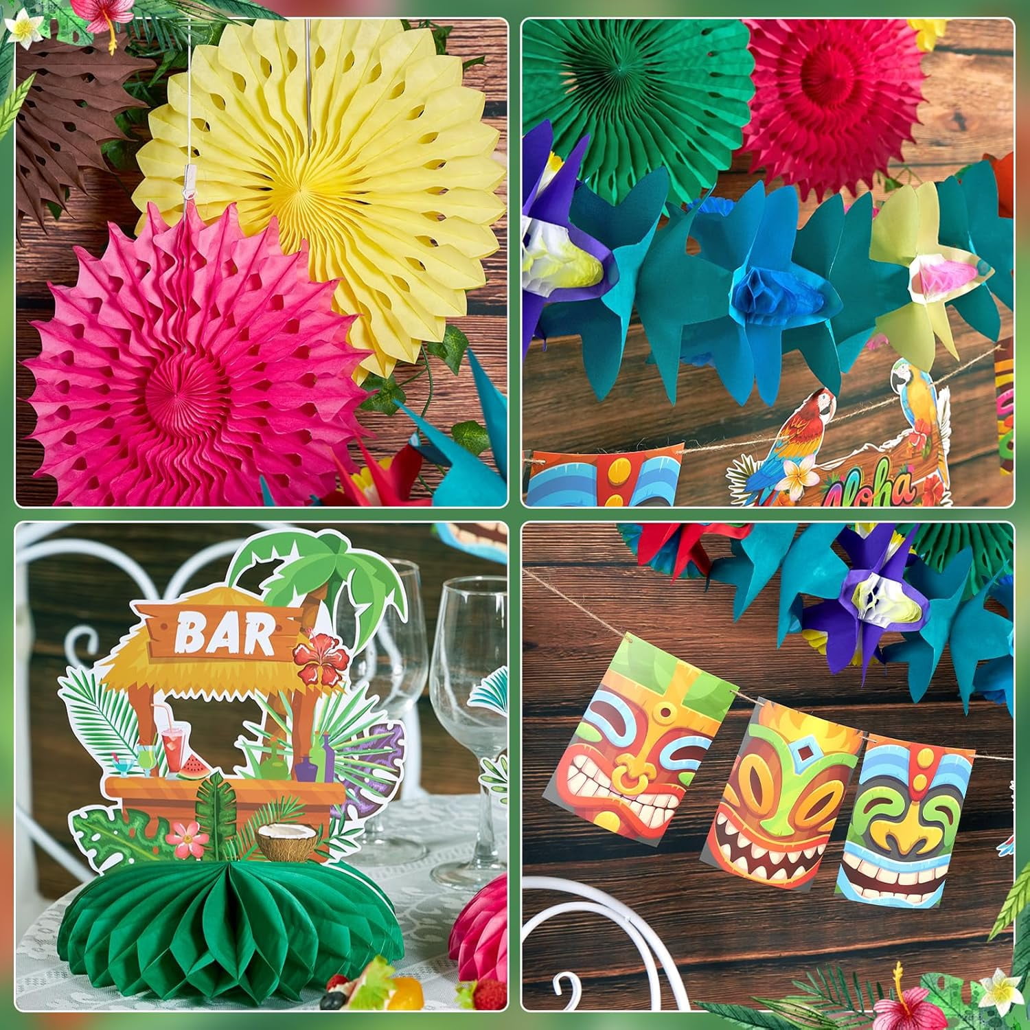 Hawaiian Luau Party Decorations Tropical Beach Aloha Palm Leaves Garland Luau Honeycomb Table Centerpiece Tissue Pom Poms Paper Fans Tiki Totem Hanging Decor Tropical Summer Beach Pool Party Supplies