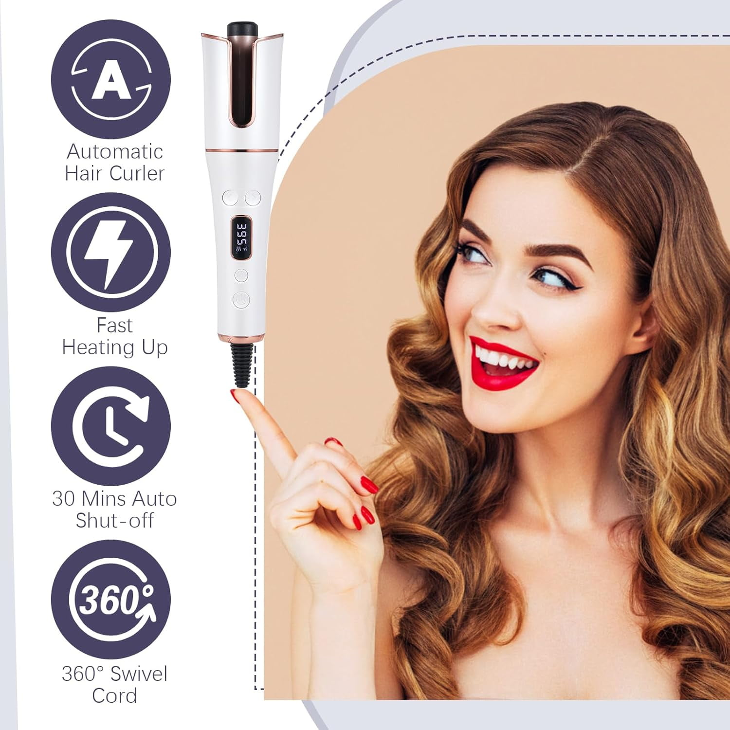 2025 Cordless Auto Hair Curler - Rechargeable with LCD Screen & Adjustable Temp (160°C-220°C)(PINK)