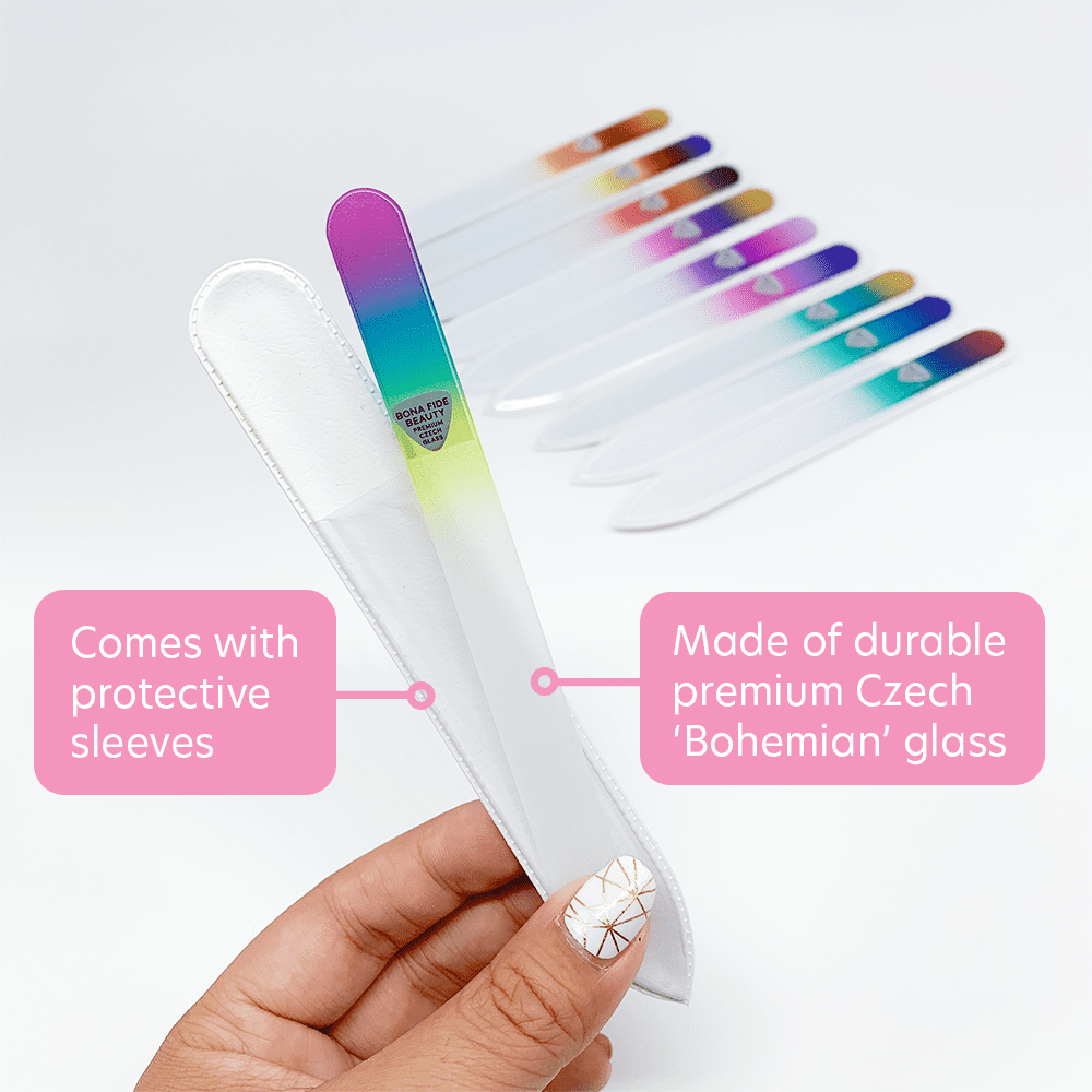 Bona Fide Beauty Czech Glass Nail File Set with Plastic Sleeves  - 10 Pieces (Multicolor)