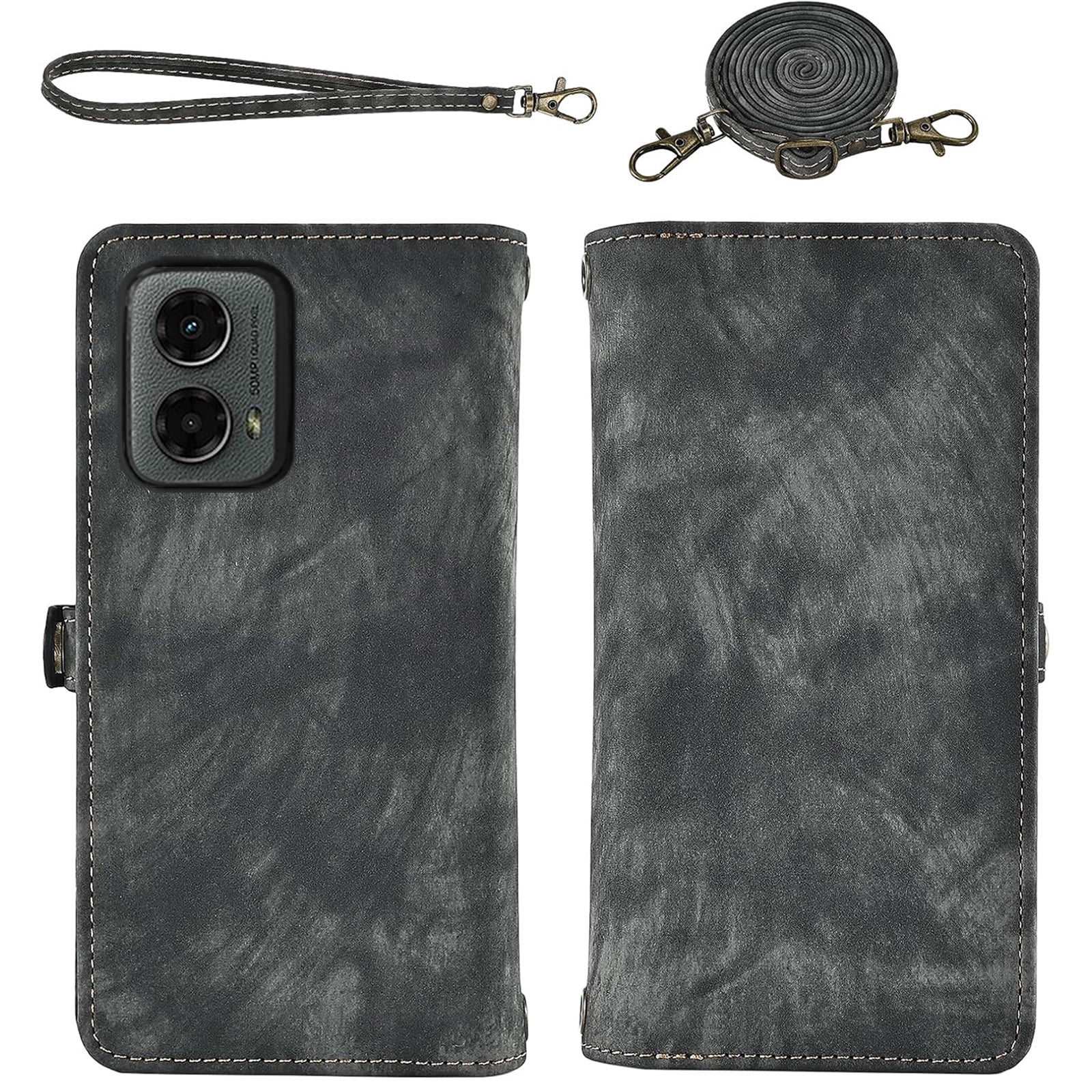 Asuwish Compatible with Motorola Moto G 5G 2024 Phone Case Zipper Wallet Detachable Tempered Glass Screen Protector Crossbody Lanyard Strap Flip Card Holder Slot Cell Cover for G5G 5 G G5 Women Black