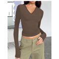 thumbnail image 1 of Diconna Women's Spring Autumn Crop Tops Solid Color Long Sleeve V Neck Short Slim T-shirt, 1 of 2