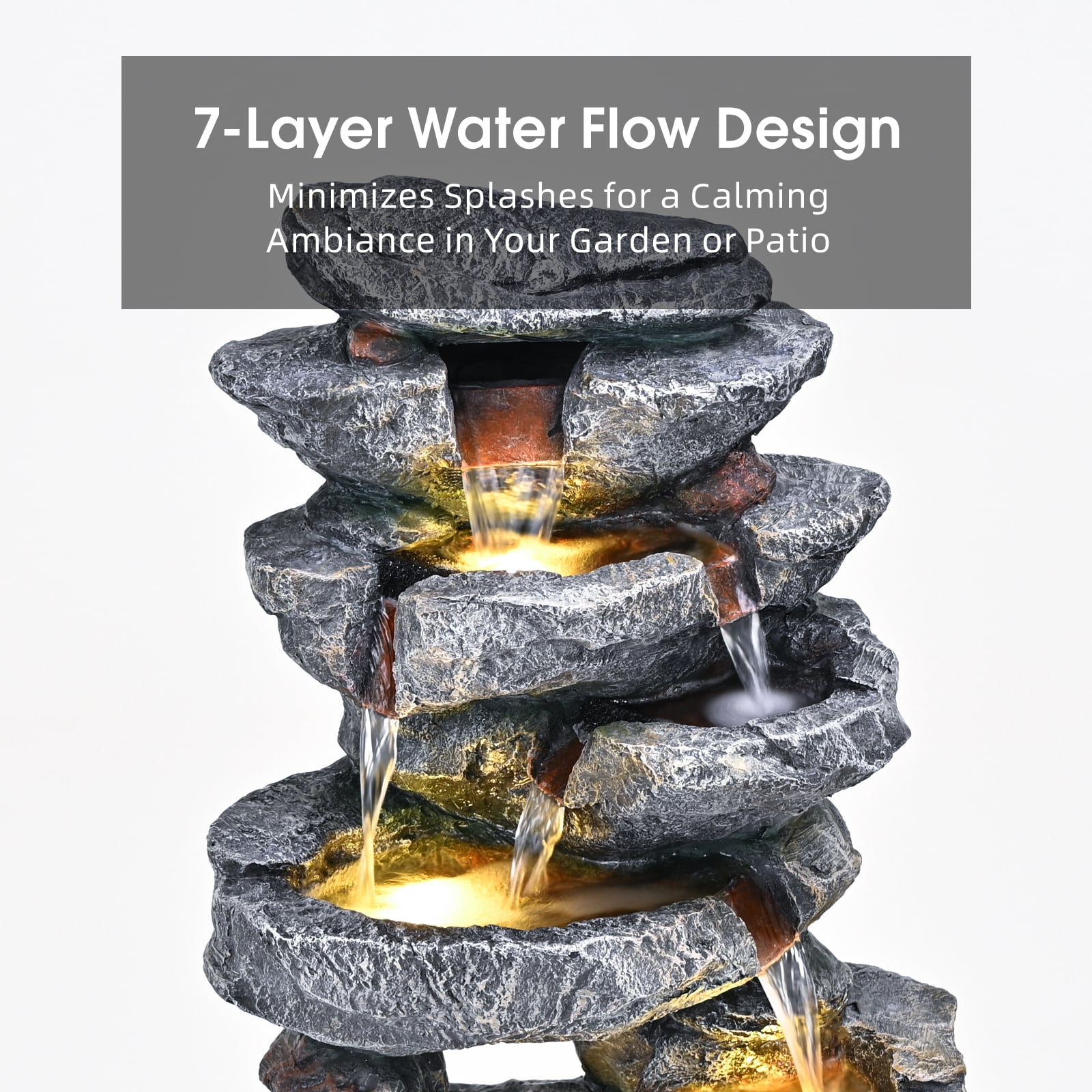 39" 7-Tier Cascading Rock Fountain - With LED Lights & Pump, Outdoor Garden Decor, Self-Contained Recirculating & Weather-Resistant