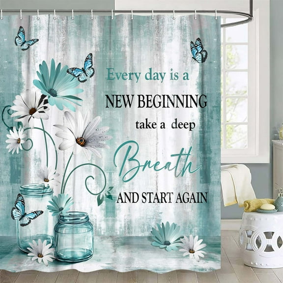 Farmhouse Floral Inspirational Shower Curtain,Teal Daisy Flowers Butterfly Proverb Bathroom Curtain,Country Farm Turquoise Blue White Fabric Bathtub Curtain,with 12PCS Hooks,69X70 in