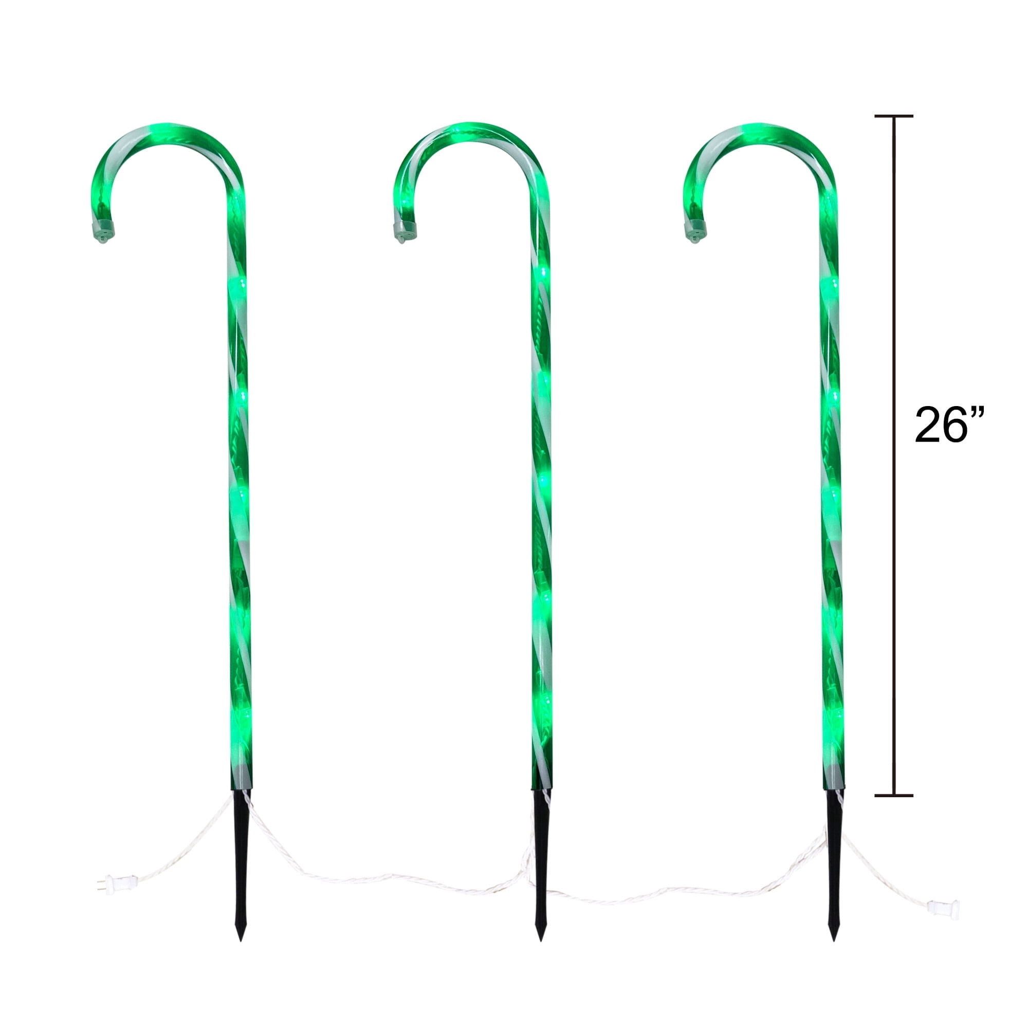 Light-Up Candy Cane Outdoor Christmas Yard Stakes, Green and White, 26", Set of 3, by Holiday Time