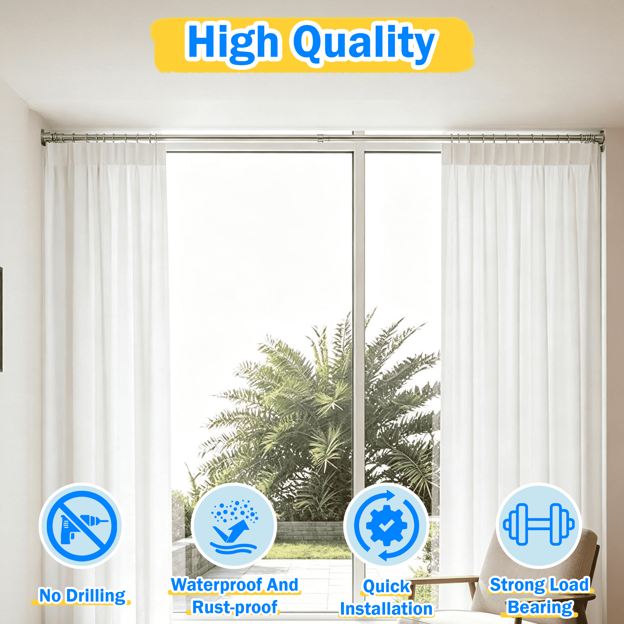 Adjustable Tension Curtain Rod, 25.8-76 Inch No Drill Stainless Steel Spring Tension Rod, Non Slip Shower Curtain Rod for Window Closet Bathroom