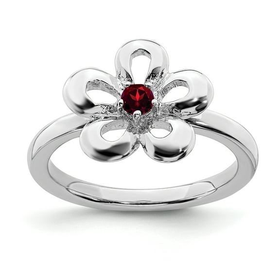 Sterling Silver Polished Garnet Flower Ring