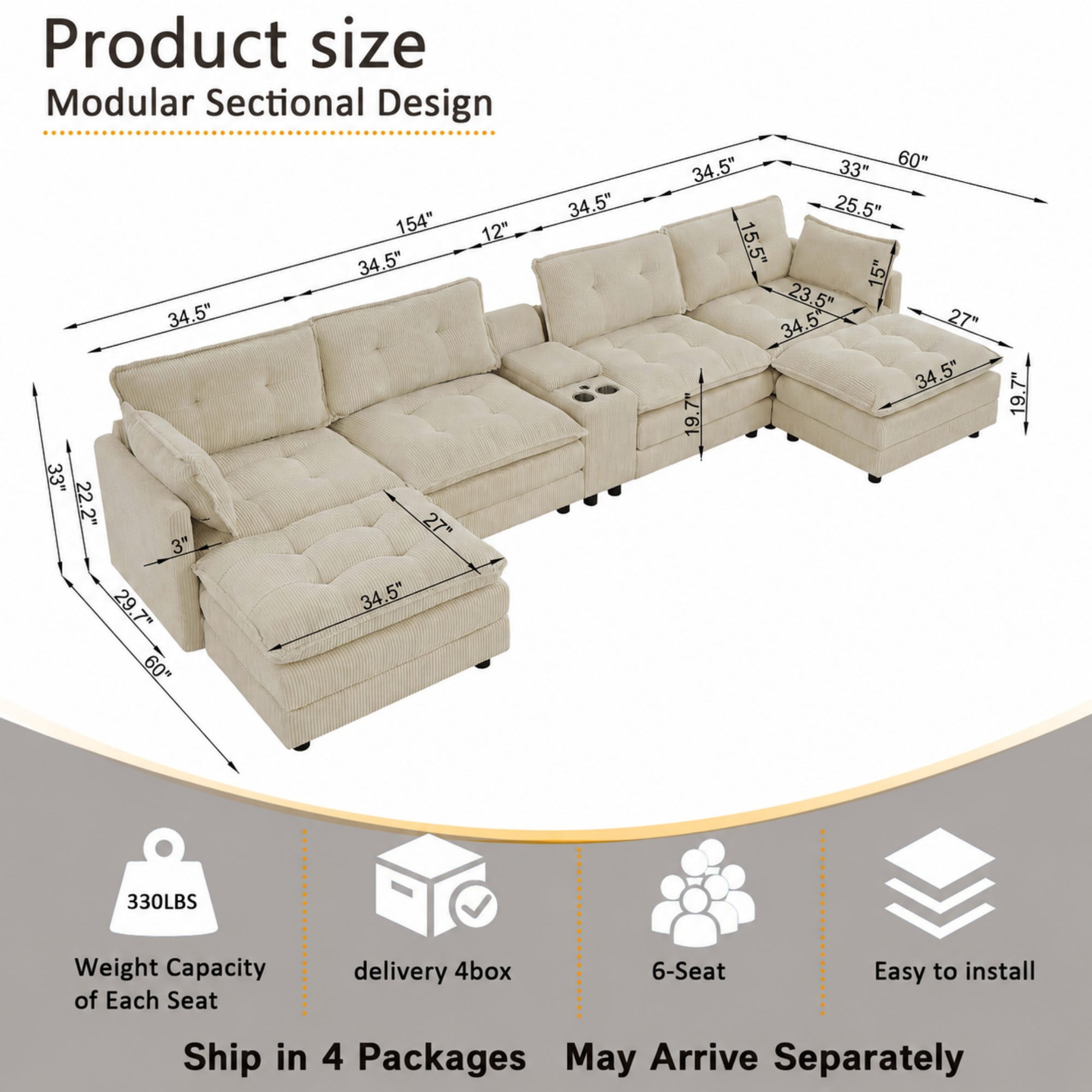 BSHTI 154" 6-Seat Corduroy U-Shaped Sectional Sofa with Multifunctional Console, USB Charging Ports, Cup Holder, Storage for Living Room (Beige)