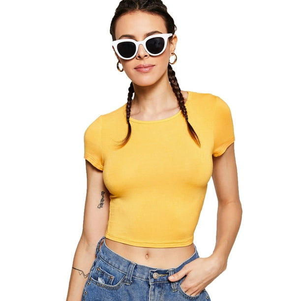 Top corto SweatyRocks básico de manga corta para mujer, amarillo