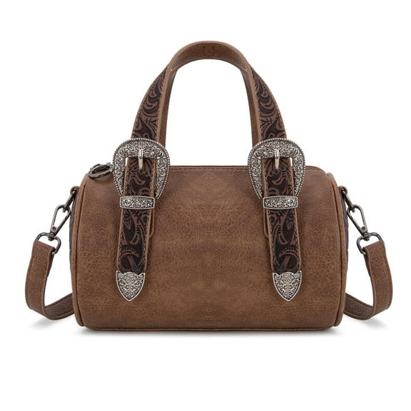 Montana West Mini Barrel Crossbody Bag Western Tooled Design with Buckle, Light Coffee