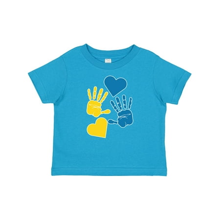 

Inktastic Down Syndrome Awareness with Handprints and Hearts Blue and Yellow Gift Baby Boy or Baby Girl T-Shirt