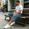 thumbnail image 3 of Nestiefly Men's Capri Cargo Casual 3/4 Shorts Elastic Waist Drawstring Wide Leg Below Knee Sweatpants Baggy with Pockets Sky Blue 3XL, 3 of 7