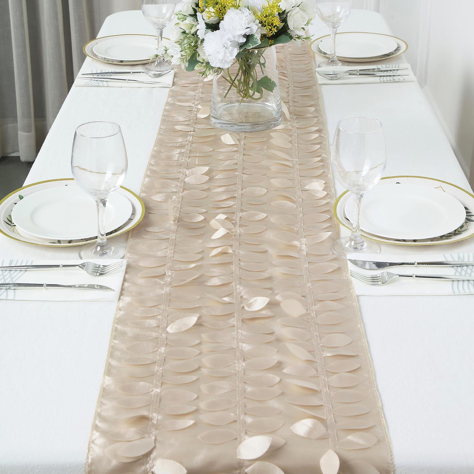 Efavormart 12"X108" Beige 3D Leaf Petal Taffeta Fabric Table Runner ...