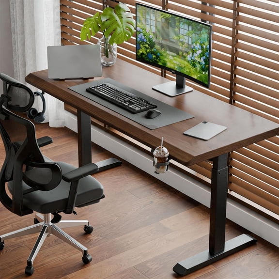 MIDOQIN 47 Inch Electric Standing Desk, Solid Rubberwood Sit Stand Up Desk Electric Height Adjustable, 1.18in Thick Desktop Rising Computer Table for Work Home Office, Walnut