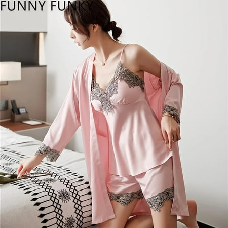 

5PC Silk Robe Sleep Suit Women s Lace Chiffon Satin Pajamas Gown Set V-Neck Night Wear Pajama Home Nightwear Spring Nightdress