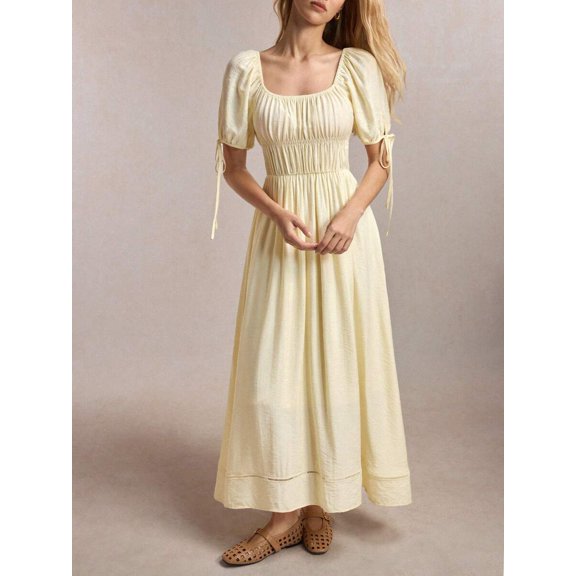 Yellow Womens Square Neck Puff Sleeve Maxi Dress With Tie Straps