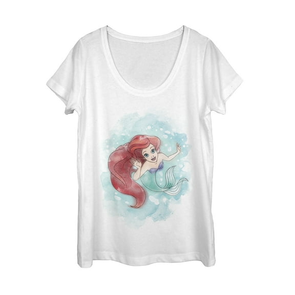 Women's The Little Mermaid Ariel Watercolor Print Scoop Neck White Small