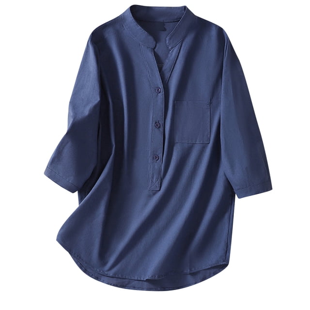 Camisas Para Mujer Cuello en V Color Sólido Tubo Abierto Botón Moda Casual Retro Manga 3/4 Camiseta Tops Blusa Odeerbi ODB128379