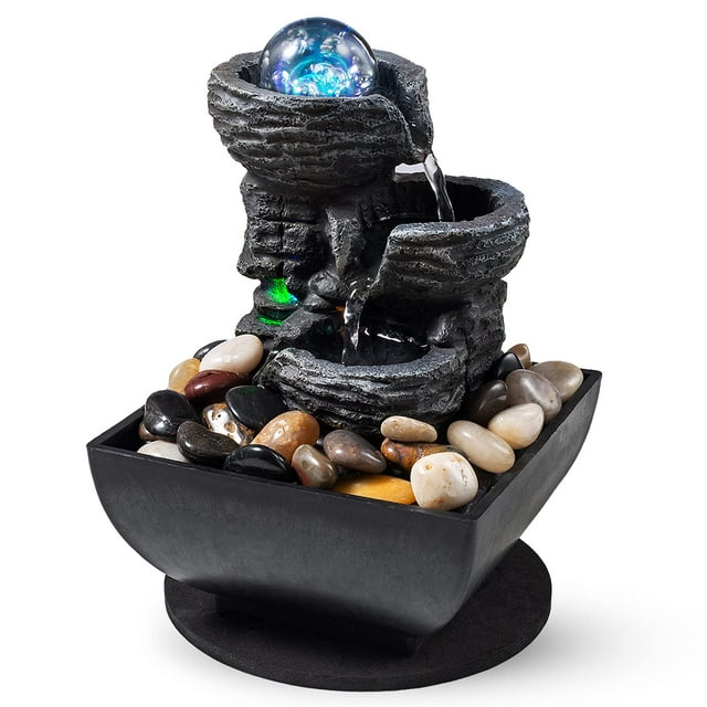 Fontaine de Table Cascade Intérieure Fontaine de Méditation comme des Couches de Roche Caractéristique d'Eau de Bureau Inclut de Nombreuses Lumières LED Rivière Naturelle Boules à Bulles Décoratives Roulantes