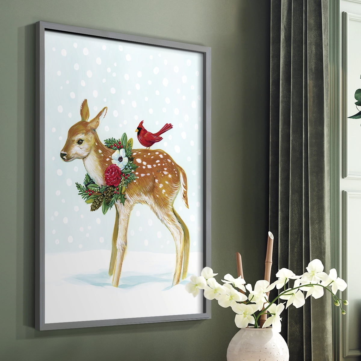 Winter Woodland Creatures with Cardinals II Framed Print - Solid Wood in Single Picture Frame Solid Wood 2 Framed Print
