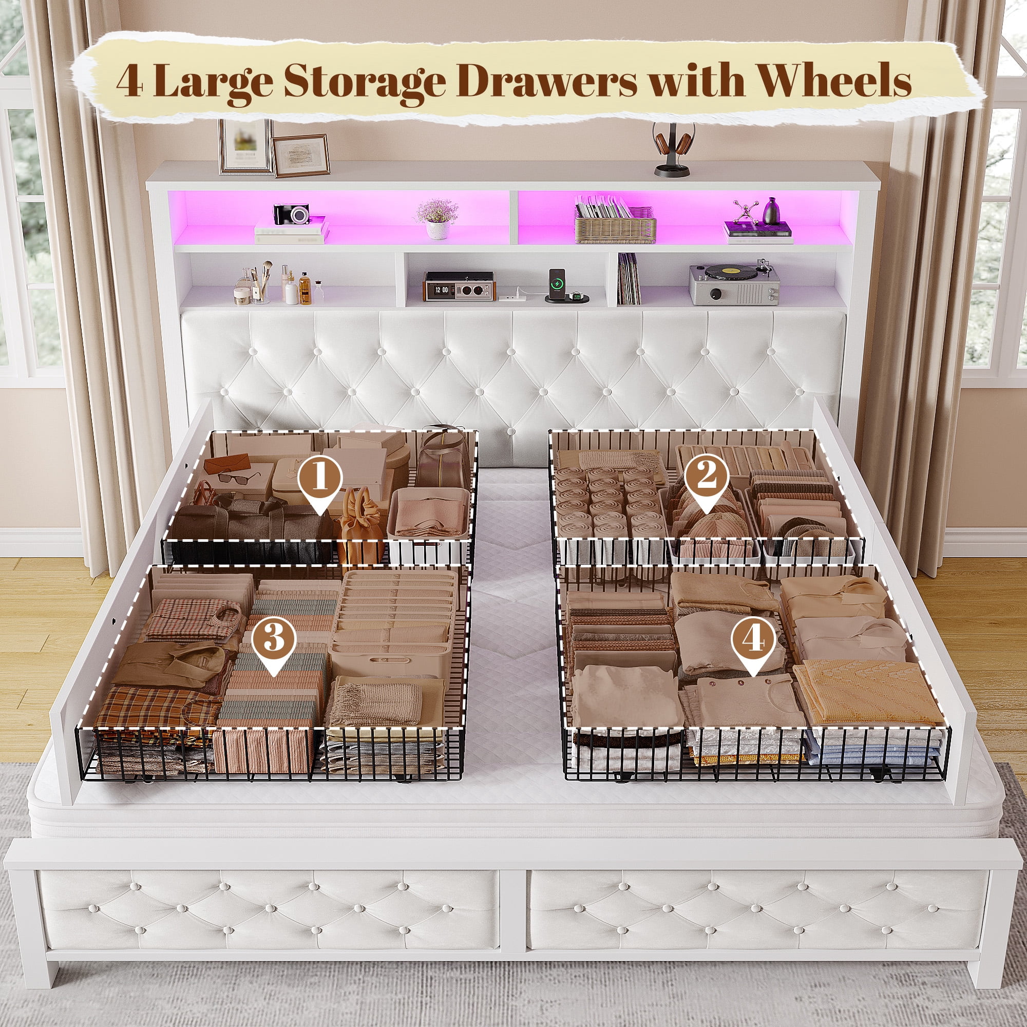 EnHomee King Bed Frame with 4 Storage Drawers Upholstered Platform Bed Frame with Headboard and Storage & Charge Station & LED Lights