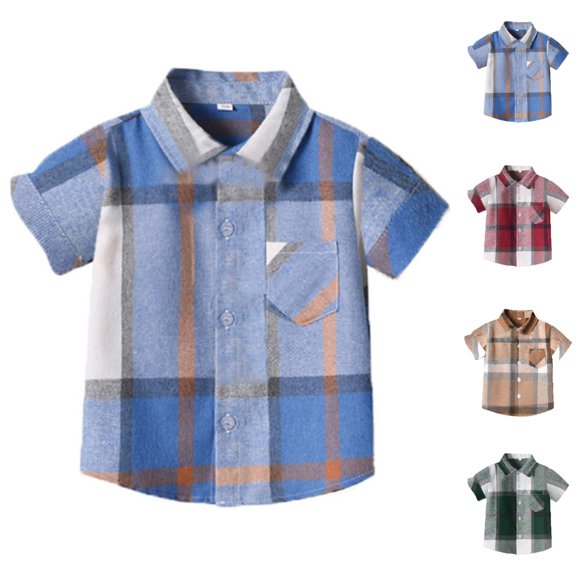 LIBRCLO Toddler Button Down Shirts for Boys Size 2years with Pocket Short Sleeve Plaid Shirts Casual Fashion Cotton Shirt Blue
