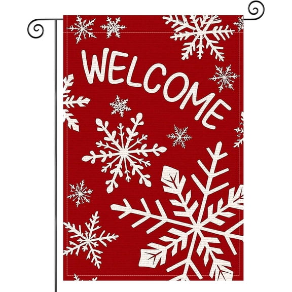 Double-Sided Red Background Snowflake Flag 12x18 Inch Burlap Winter Welcome Indoor Outdoor Lawn Decor