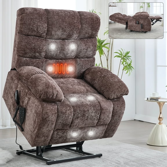 Large Electric Power Lift Recliner Chair with Heat & Massage, Dual Motor Infinite Position (Up to 350 LBS) with Power Remote, Medium-Firm & Heavy Duty (Brown)