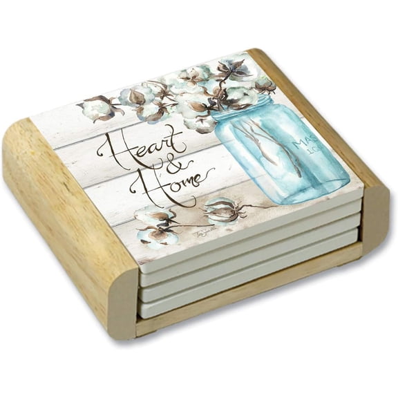 Counterart 4 Pack Absorbent Stone Coaster Set W/ Holder, Cotton Boll