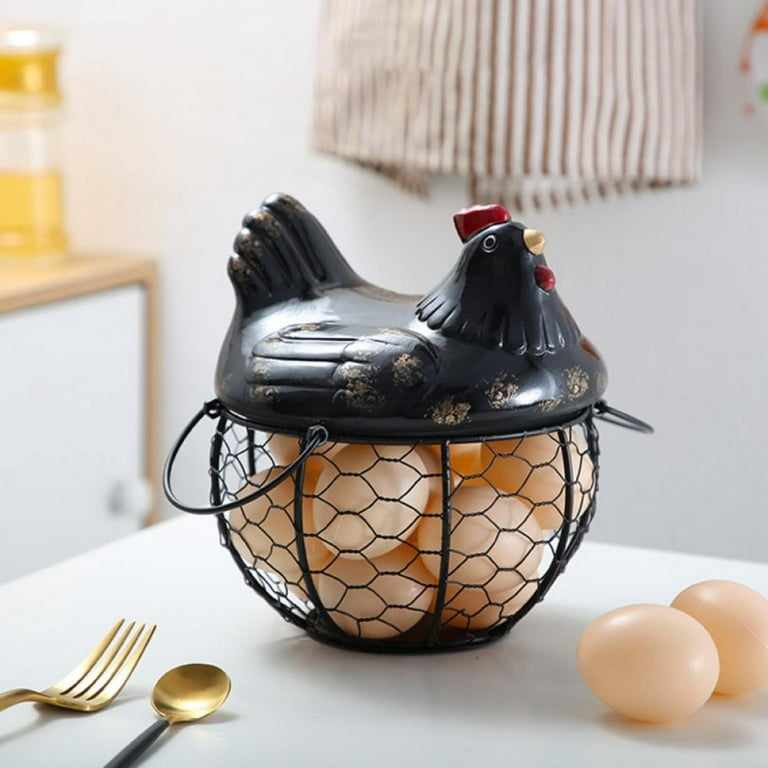 Hiceeden Metal Wire Chicken Egg Storage Basket, Decorative Fresh Egg Holder  with Ceramic Chicken Design Lid, Portable Round Collectiong Basket for