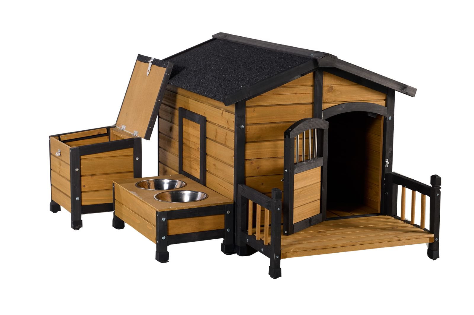 Large Wooden Dog House with Storage Box and Feeding Station, Outdoor Pet Kennel with Asphalt Roof, Porch, and Lockable Door Weatherproof Fir Wood Dog Home for Small to Medium Dogs