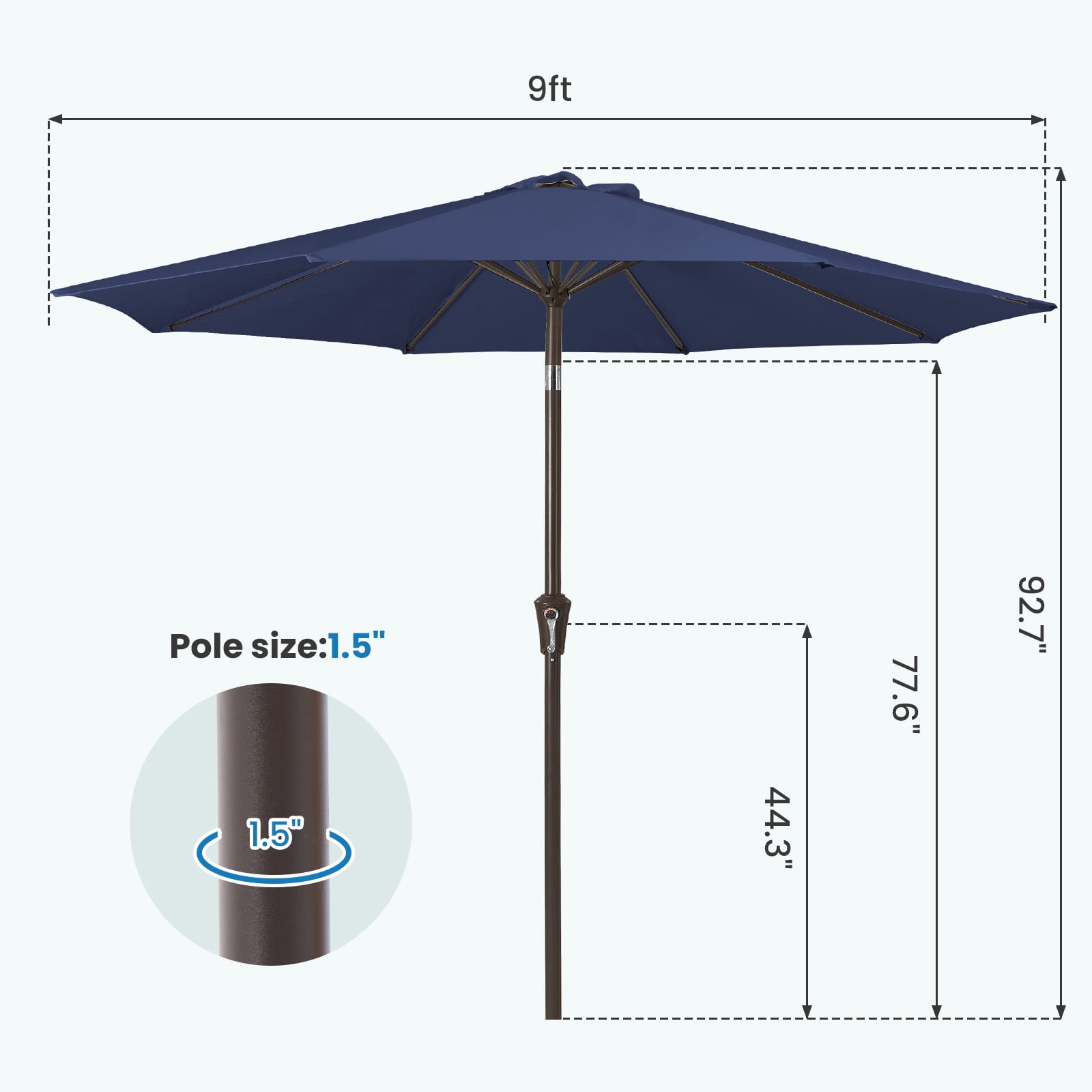 FUNDAZE 9FT Outdoor Market Patio Umbrella with Push Button Tilt & Crank Lift, UV-Resistant Canopy for Garden, Backyard, Pool&Patio Dining, Navy BLue