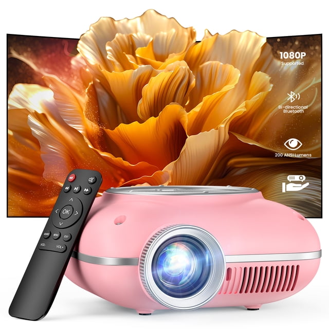 AUOSHI Projector 4K 1080P Supported, Mini Projector for Bedroom/Dorm, Portable Bluetooth Projector Compatible with iOS/Android/PC/HDMI/USB,Pink