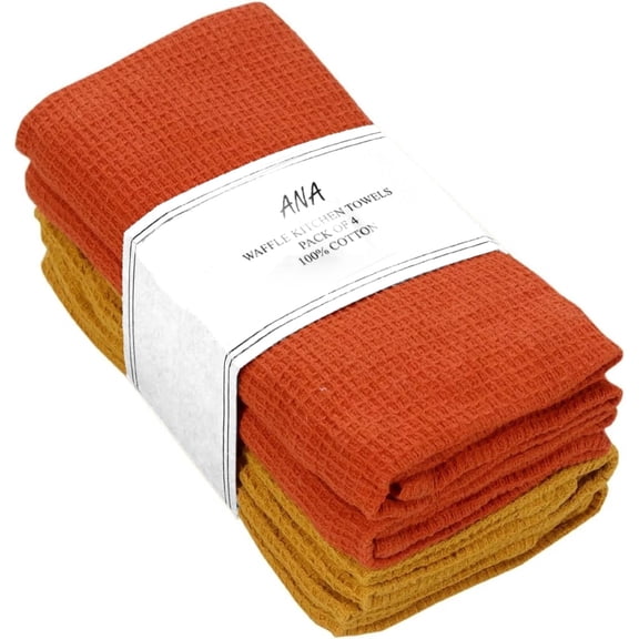 ANA 100% Cotton Waffle Weave Kitchen Towel Set of 4 Super Soft Absorbent Tea Towels | Durable Cleaning Dish Cloths & Quick Drying Dishes Rags 18x26 inches in Rust/Mustard Color