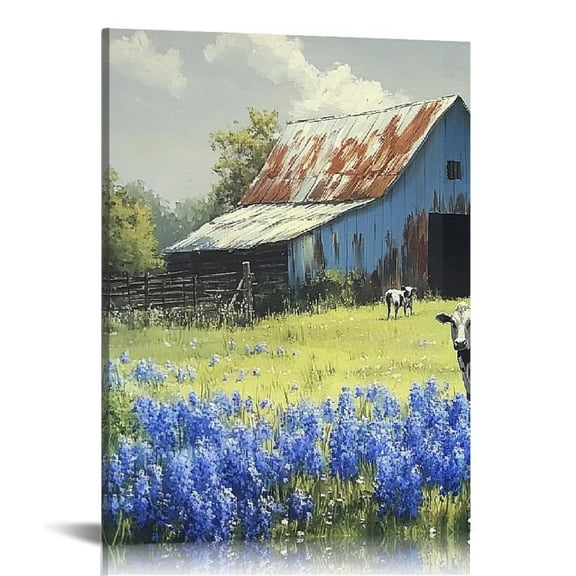 ZFLMY Cow Blue Flowers Barn Print on Canvas Wall Art for Home Decor Living Room Bedroom Office, Fashion Kitchen Wall Pictures, Wall Decor, Perfect Gift Ideas 12x16in