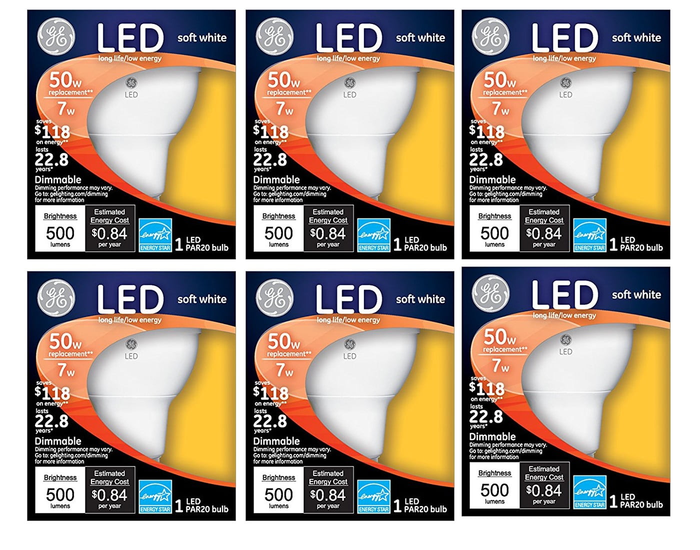 (6 bulbs) GE Lighting 89985 Energy-Smart LED Par20, 50-watt equivalent, 500 Lumen, Dimmable, LED Light Bulb with Medium Base, Soft White