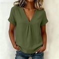 thumbnail image 4 of QUNYINEY Short Sleeve Tshirts Women Trendy Green Cotton Linen Casual Tops Summer Loose Fit Pullover V Neck Pleated Shirts, 4 of 8
