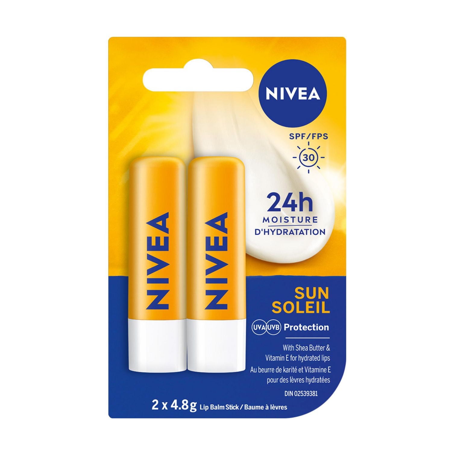 NIVEA Baume à lèvres Soleil 24H d'hydratation avec FPS 30 , Paquet Duo 2x4,8g