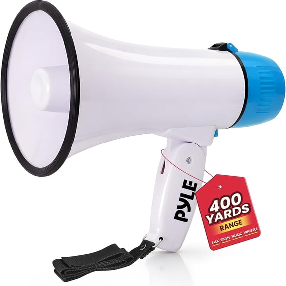 Pyle 20W Megaphone Bullhorn – Portable Speaker with Siren, Record & Whistle Modes, Adjustable Volume, AUX Input, Shoulder Strap, 400 Yard Range