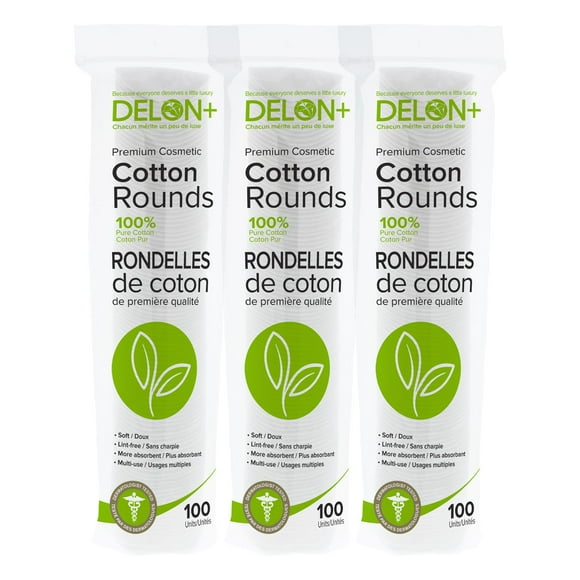 DELON Rondas de algodón cosmético premium, 100 unidades (paquete de 3)