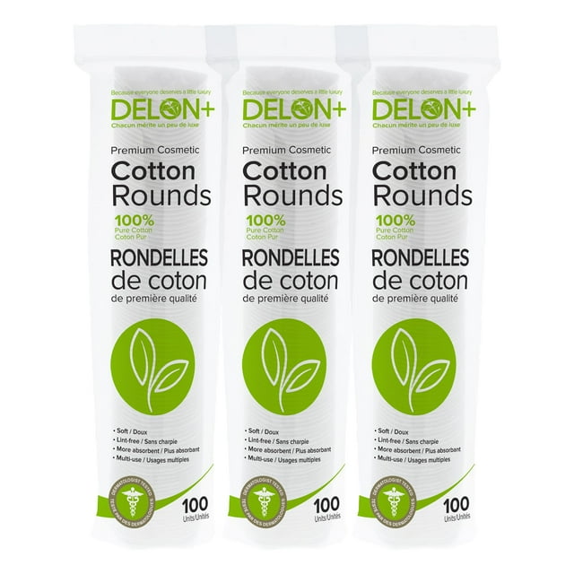 DELON Rondas de algodón cosmético premium, 100 unidades (paquete de 3)