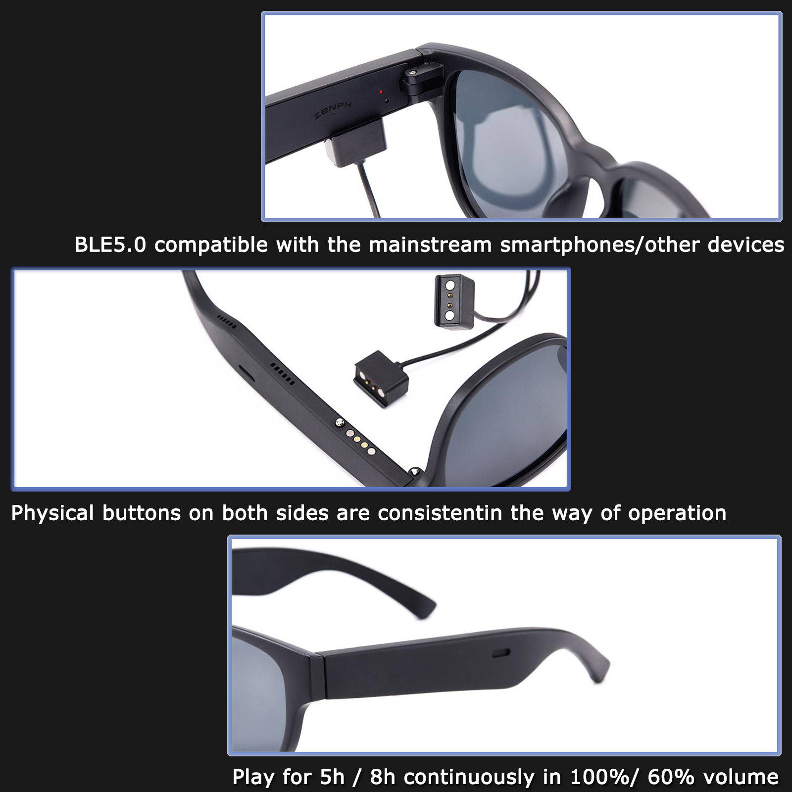 Smart Glasses/Audio Sunglasses, Voice Control and Open Ear Style Listen to music and calls with volume up and down, 6-hour battery life, Bluetooth 5.0 smart glasses and - image 5 of 7